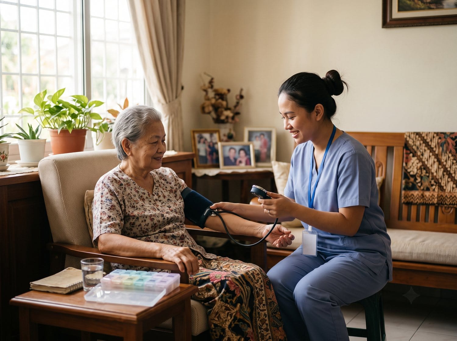 Home-care nurse checking an elderly patient's blood pressure at home in Kota Kinabalu