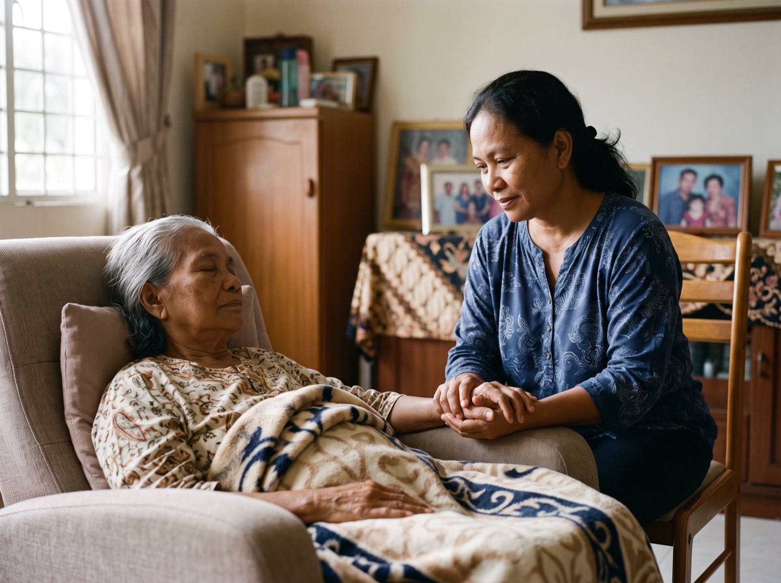 An elderly Sabahan mother resting peacefully at home while her adult daughter sits beside her, representing palliative and hospice care at home in Kota Kinabalu