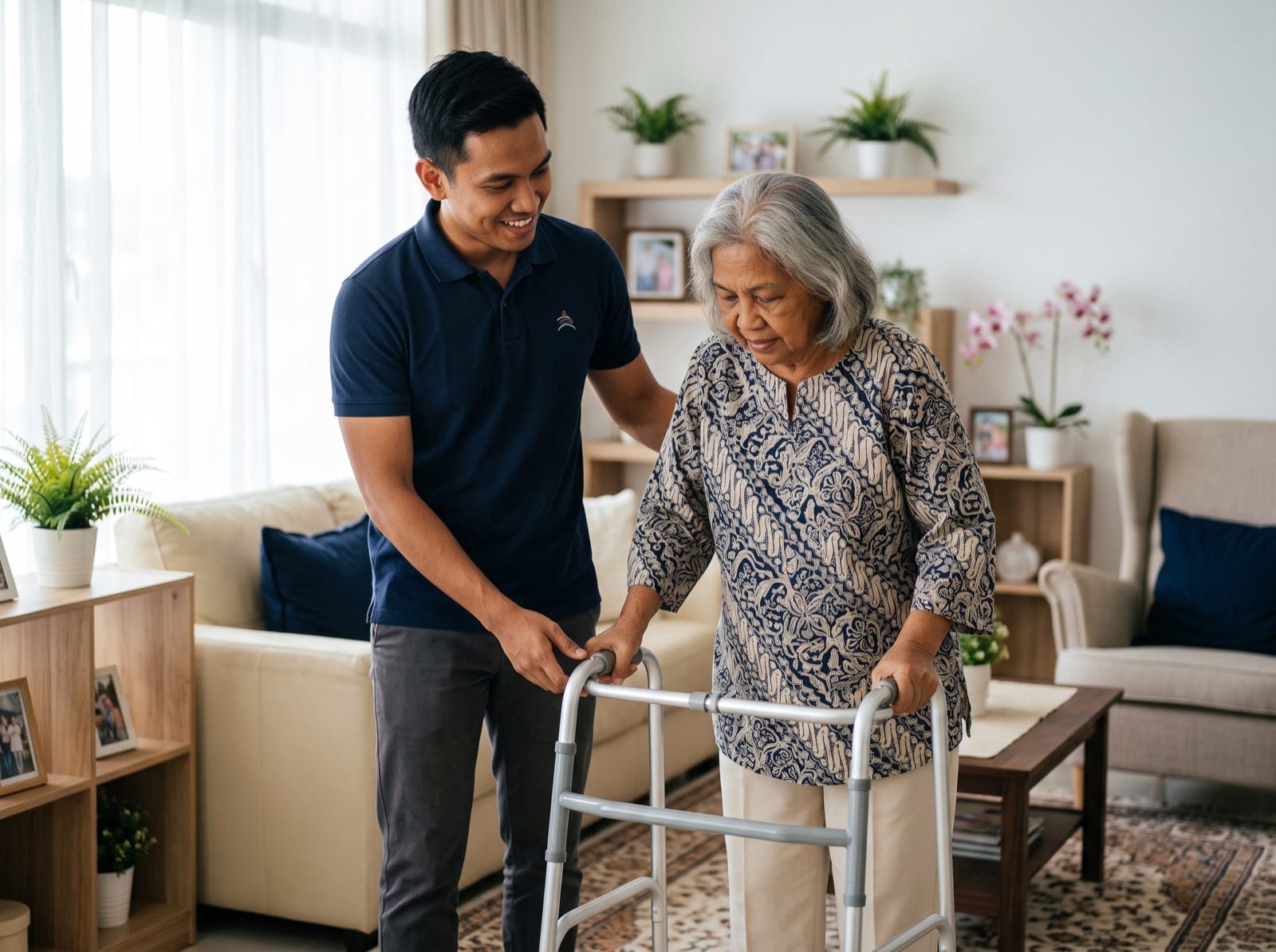 A physiotherapist helping an elderly patient walk with a frame during a home physiotherapy visit in Kota Kinabalu