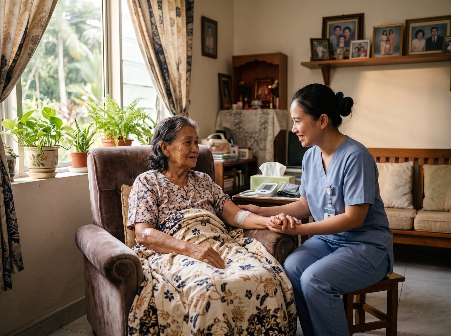 Elderly patient recovering at home after hospital discharge while a nurse checks a healing wound